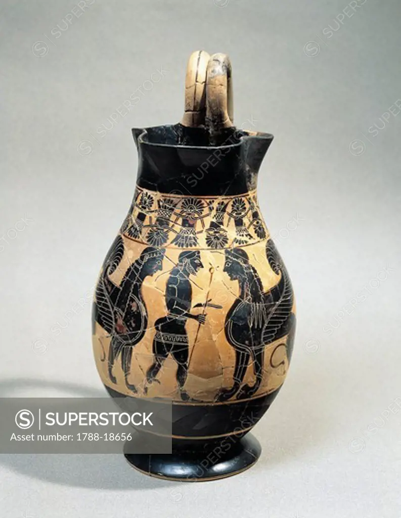 Attic oenochoe depicting Hermes, messenger of gods, between two sphinkx, black-figure pottery