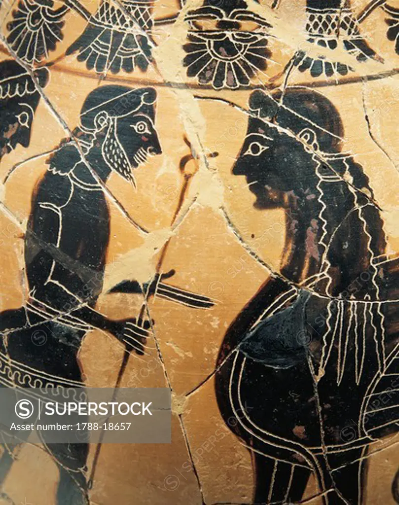 Attic oenochoe depicting Hermes, messenger of gods, between two sphinkx, black-figure pottery