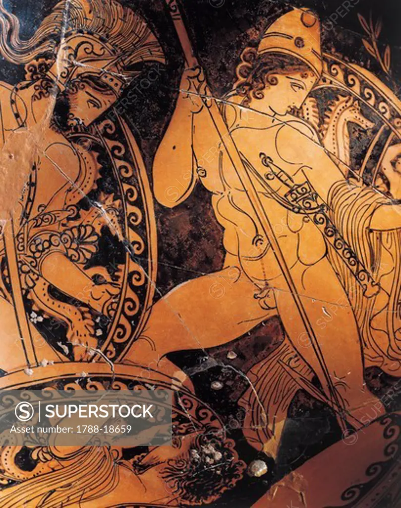 Attic pelike depicting Poseidon, Ares and Hermes fighting against Giants, by School of Pronomos Painter, red-figure pottery