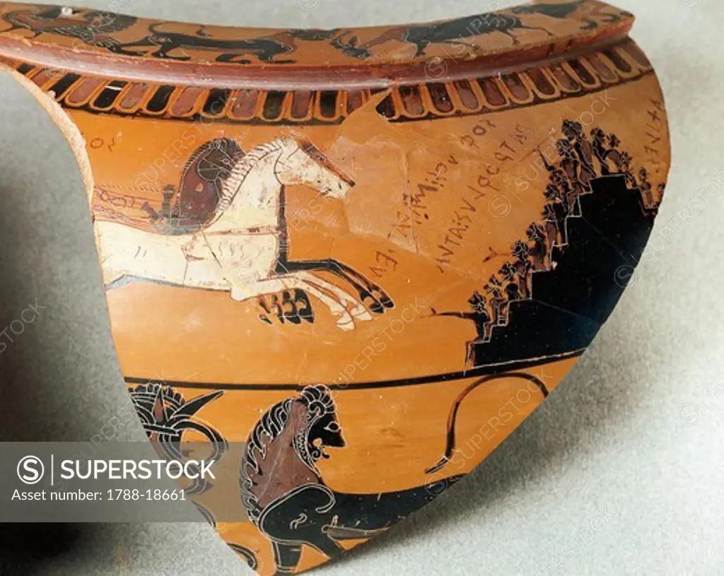 Fragment of dinos, depicting Greeks watching from walls of Troy horse race at Patroclus' funeral, by painter Sophilos, black-figure pottery