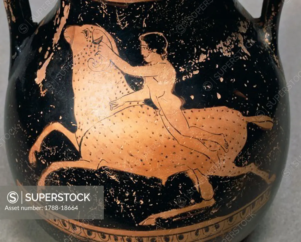 Attic pelike depicting Phrixus rescued by a flying ram with golden sheep fleece, red-figure pottery