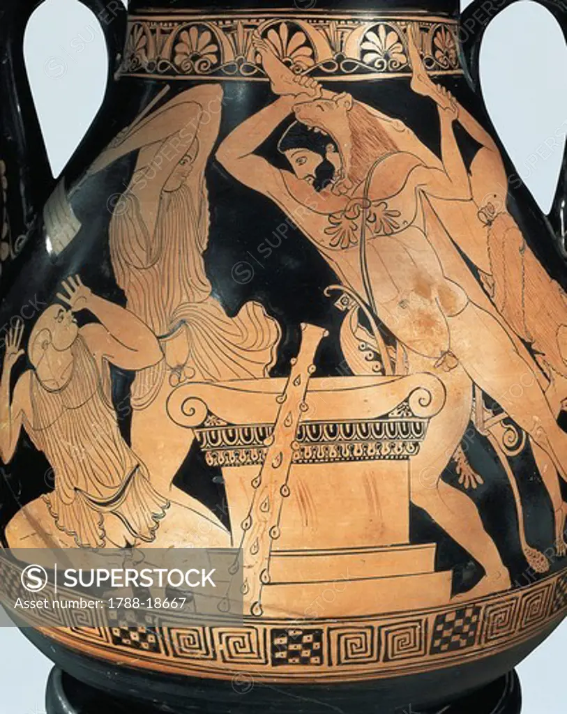 Attic pelike depicting Heracles killing king Busiris and Egyptian priests, by Pan Painter, red-figure pottery