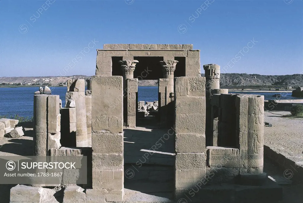 Egypt - Nubian monuments at Philae (UNESCO World Heritage List, 1979). Dedicated to goddess Hathor Temple of Nefertari