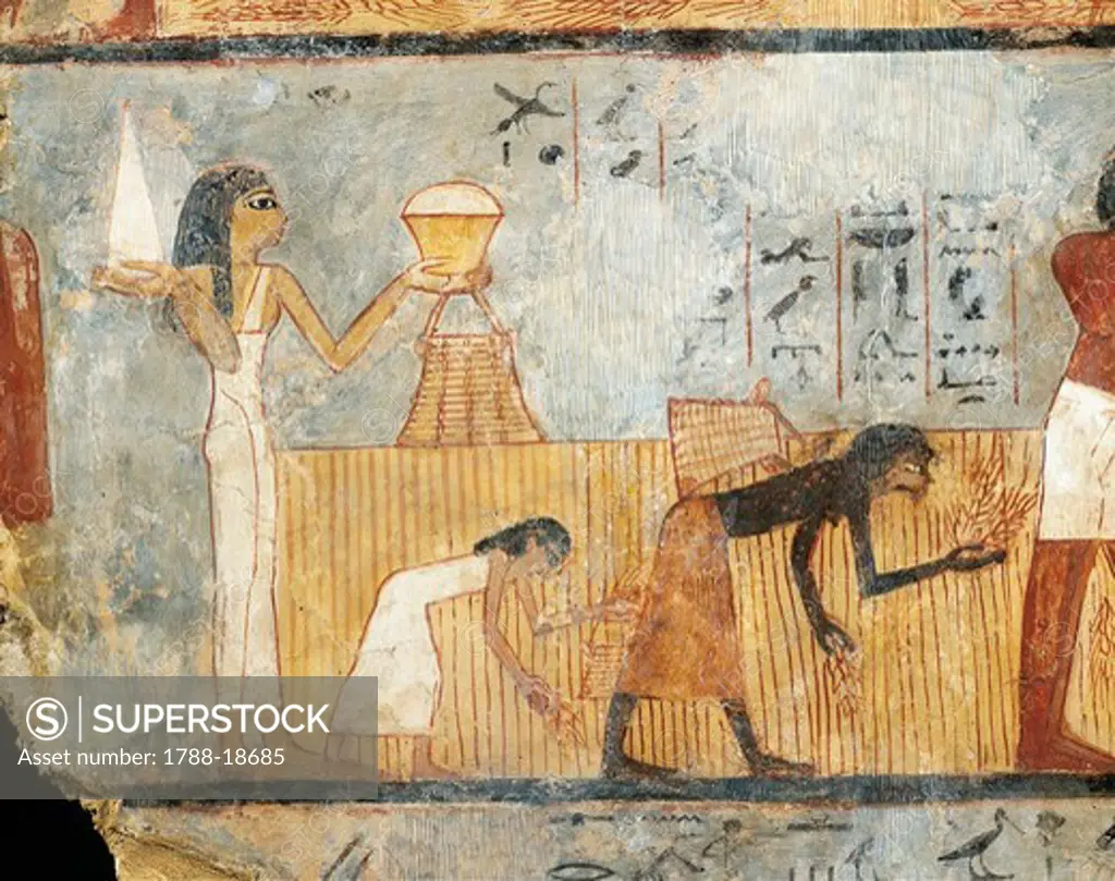Egypt, Thebes, Tomb of Unsu, Woman bringing food to workers in fields, wall painting