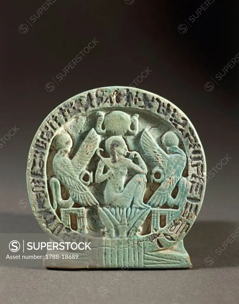 Osorkon talisman depicting mythological scene, solar child on lotus, symbolising sun rising on first day of creation