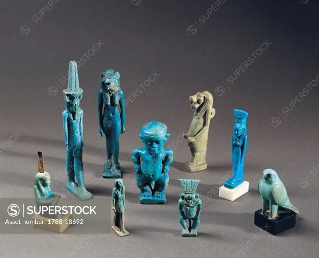 Ceramic amulets depicting deities Taweret, Horus, Thoth, Maat, Sekhmet and Bes