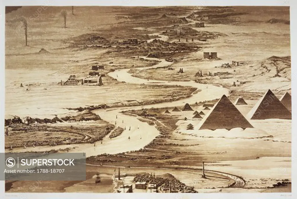 Egypt, Nubia, view of Valley of the Nile from Alexandria at second cataract, Panorama d'Egypte et de Nubie Frontispiece, engraving