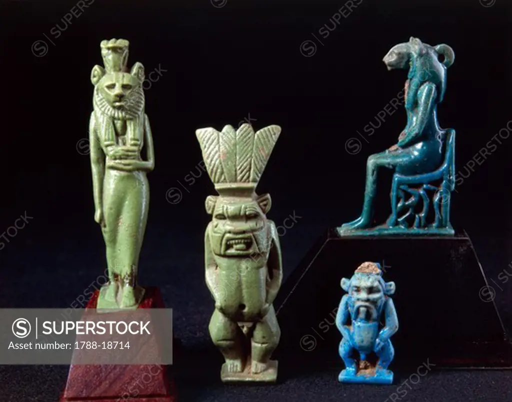 Amulets of deities Sekhmet and Bes, enamelled clay
