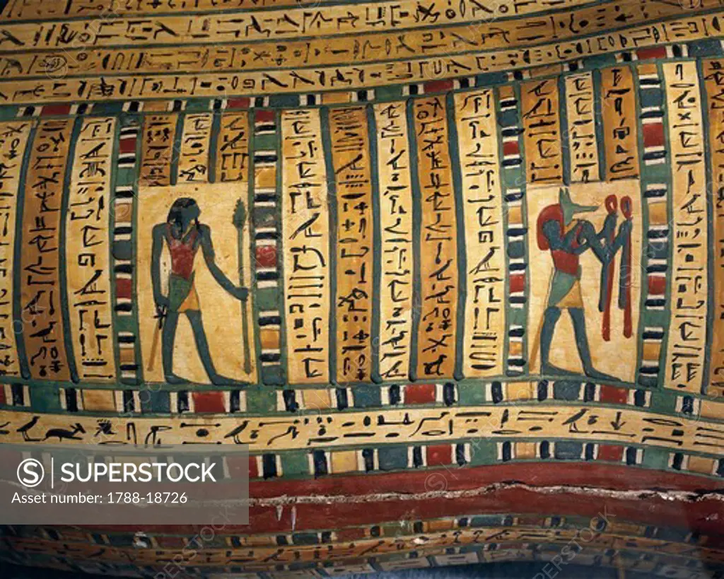 Cartonnage of the mummy of the priest of Montu, Nes-peka-shuty, detail with deities Ptah and Anubis