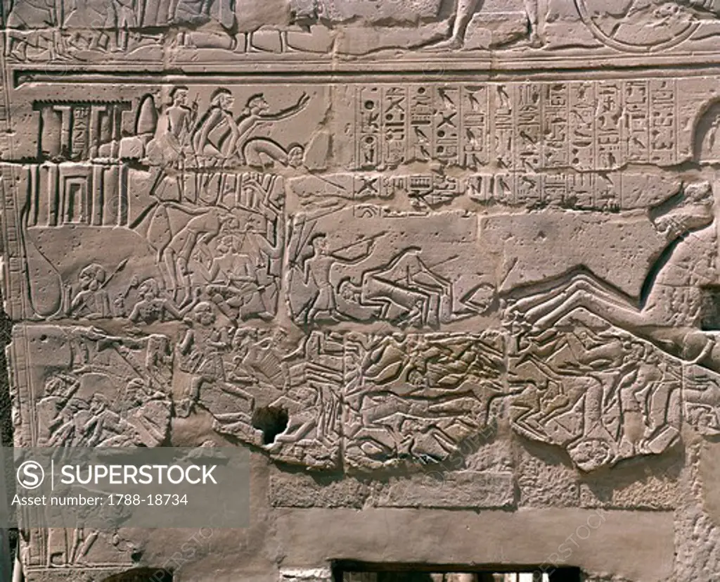 East outer wall, relief depicting campaign of Seti I in Palestine