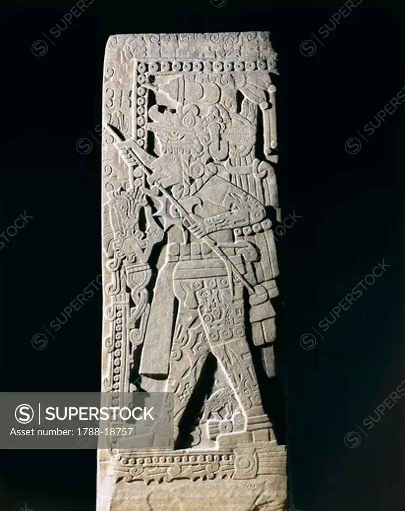 Huastec stele depicting Quetzacoatl priest sacrificing himself, from Huilozintla, Veracruz, Mexico