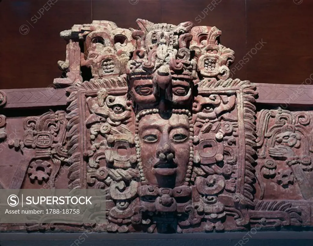 Pyramid wall with stucco decoration representing the Maya sun god Kinich Ahau, from the State of Campeche, Mexico,