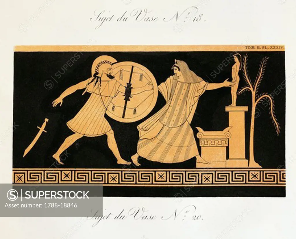 Scene from ancient Greek vase with Menelaus in Helen's pursuit before altar of Apollo, Scene from Trojan War by Piringer (after Greek original), engraving