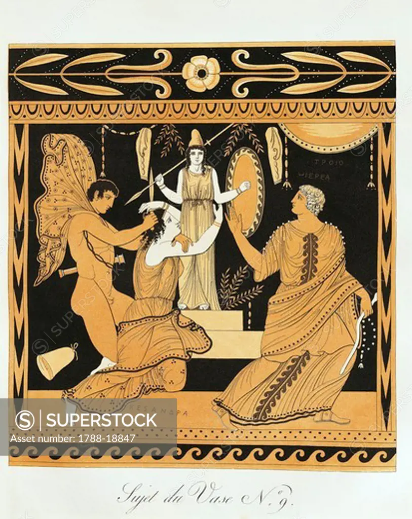 Scene from ancient Greek vase with Ajax affronts Cassandra at the foot of Athena's statue, Scene from Trojan War by Piringer (after Greek original), engraving