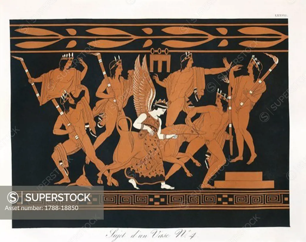 Scene from ancient Greek vase with Sacrifice of the Dionysian Bull by Piringer (after Greek original), engraving