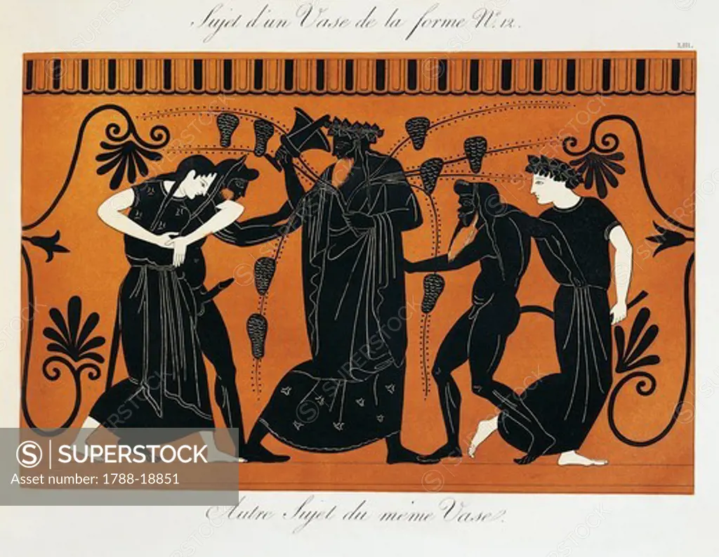Scene from ancient Greek vase with Dionysus in a vineyard surrounded by Satyrs and Maenads by Piringer (after Greek original), engraving