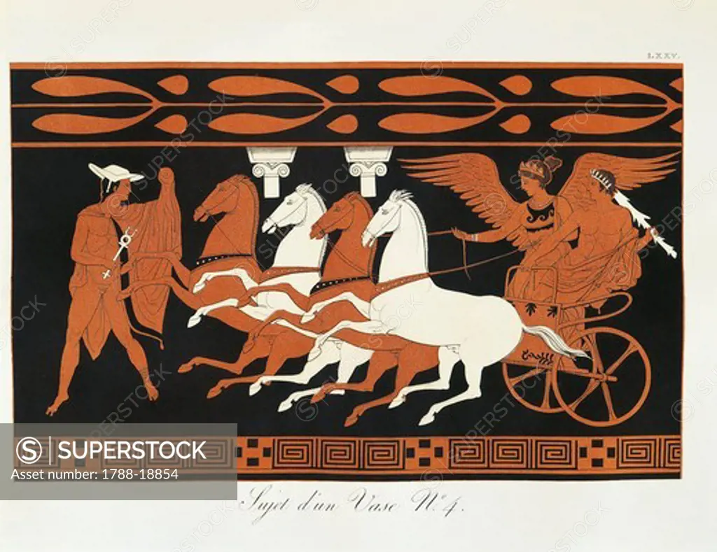 Scene from ancient Greek vase with Heracles on a quadriga driven by Nike, goddess of Victory, with Hermes standing before them by Piringer (after Greek original), engraving