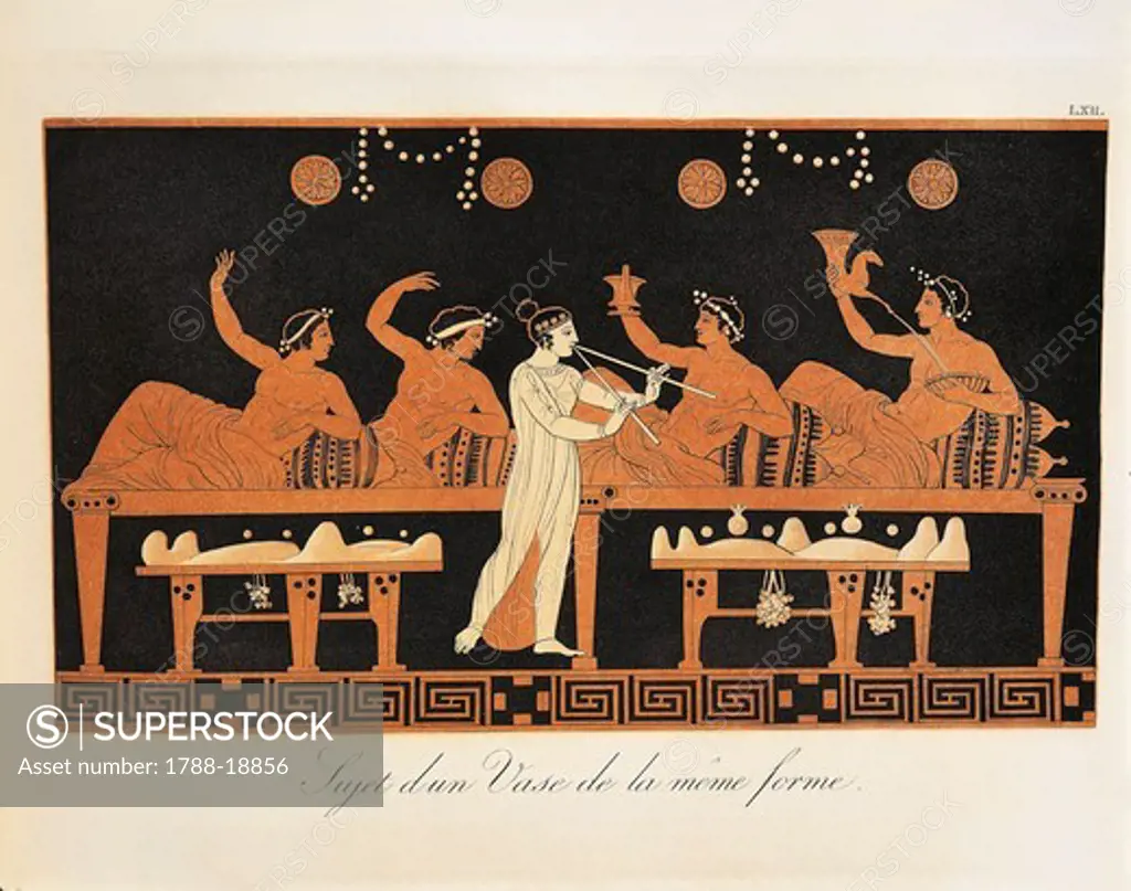 Scene from ancient Greek vase with Banquet scene in a triclinium with woman playing flute by Piringer (after Greek original), engraving