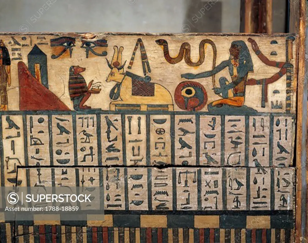 Detail of ancient Egyptian sarcophagus of Tachepenkhonsu, sistrum player of god Amon-Ra, XXVI Dynasty