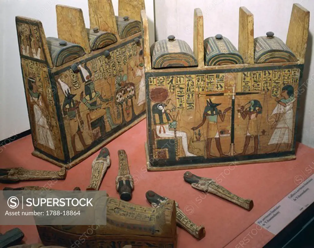 Ancient Egyptian painted wood shabti box of Chauenhuy, New Kingdom, XX Dynasty