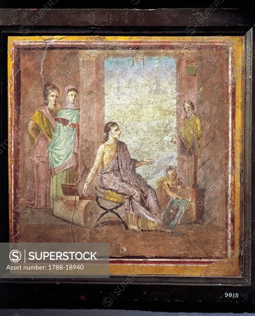 Fourth style fresco depicting a woman painter from Italy, Pompeii, painting on plaster, 55-79 A.D.