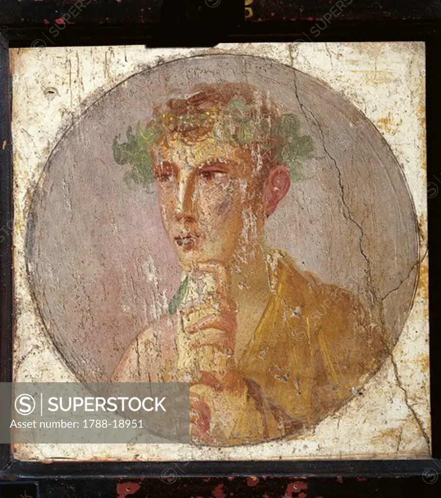 Portrait of a young man holding a papyrus scroll from Italy, Campania, Pompeii, painting on plaster, 55-79 A.D.