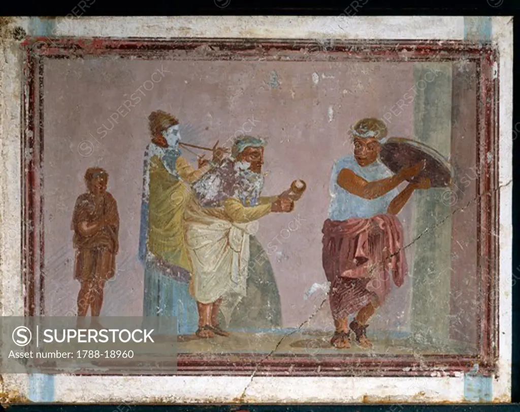 Roman civilization, 1st century A.D. Fresco depicting a scene from a comedy by Menander, The Possessed Girl: itinerant musicians from Italy, Stabiae, painting on plaster, 30-40 A.D.