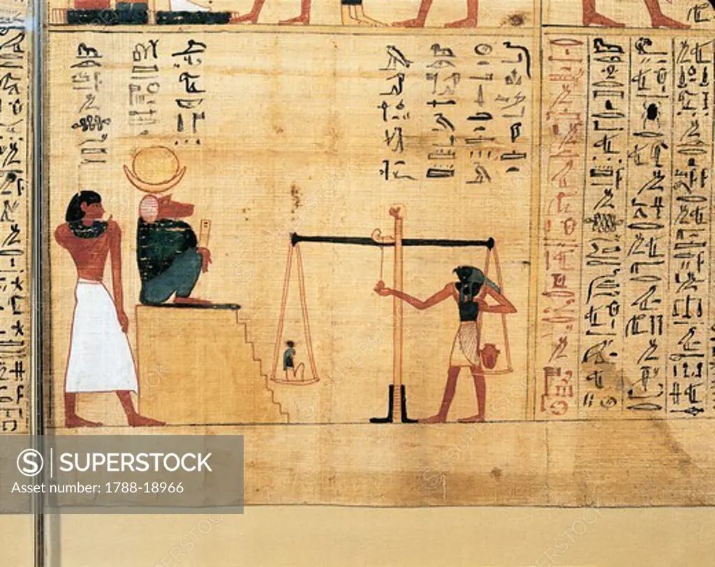 Mythological papyrus of Imenemsauf, Chief bearer of Amon, detail, the weighing of soul before baboon-god Thoth