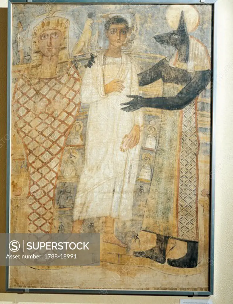 Shroud depicting the deceased with Anubi and Osiris from Egypt, Saqqara