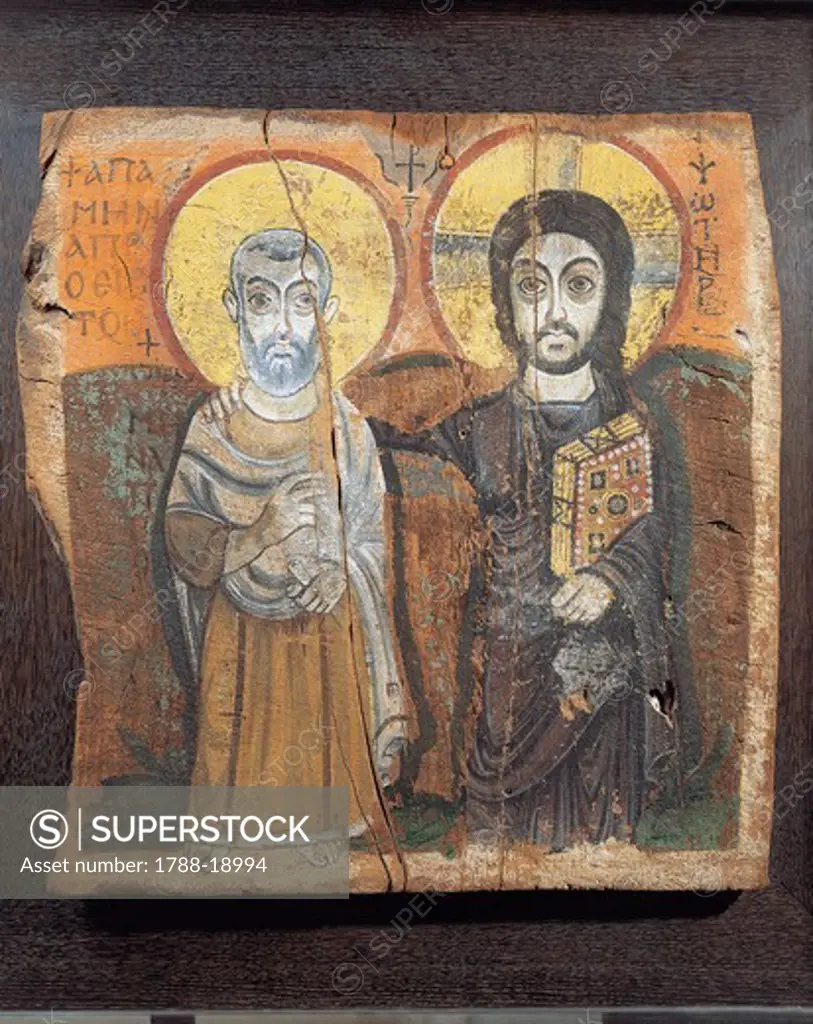Christ and abbot Mena from Egypt, Bawit, tempera painting