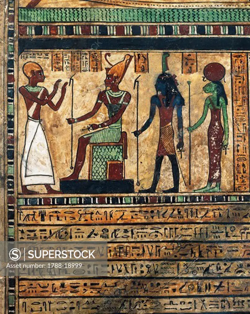Painted wood stele of Usirur, priest of Amon at Thebes, detail, the deceased before Amon, Ptah and Sekhmet