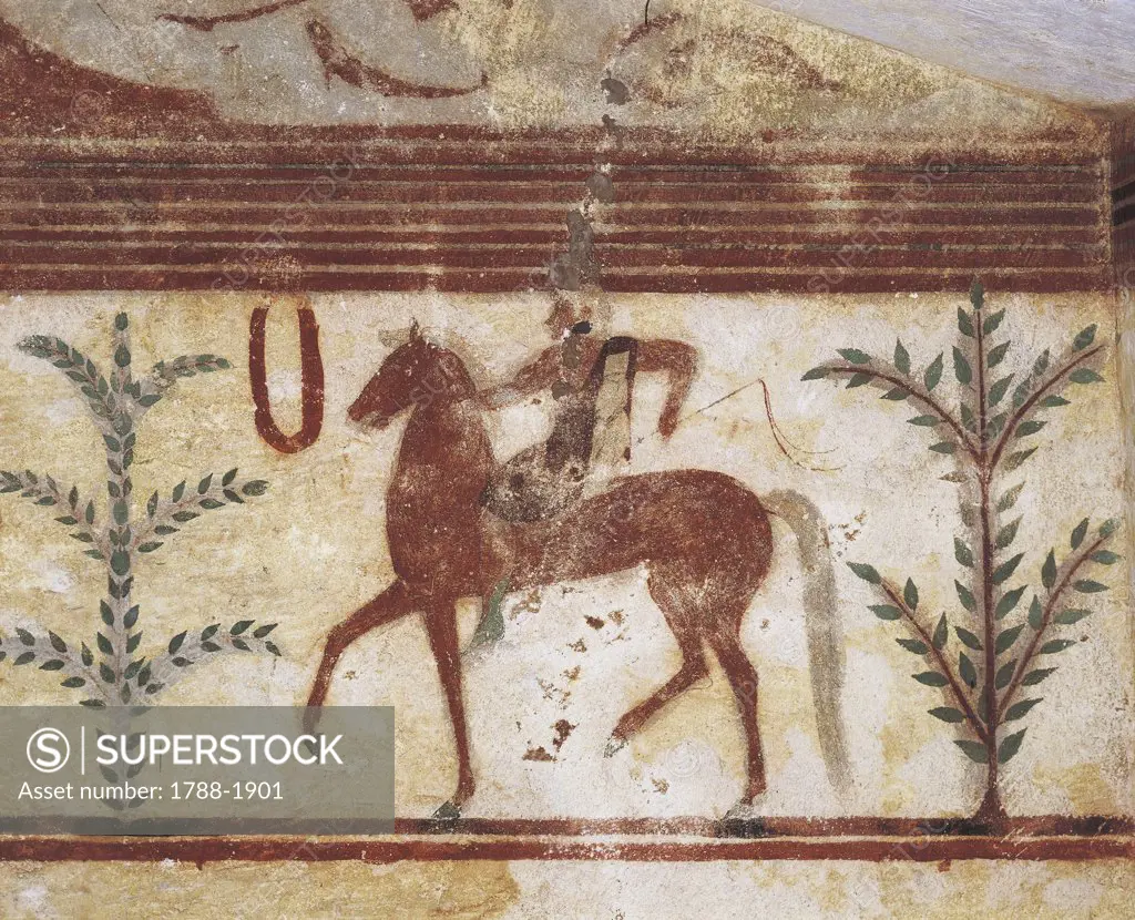 Italy - Latium Region - Tarquinia (Viterbo province). Etruscan Necropolis (UNESCO World Heritage List, 2004). The Barons tomb (6th-5th centuries b.C.), fresco