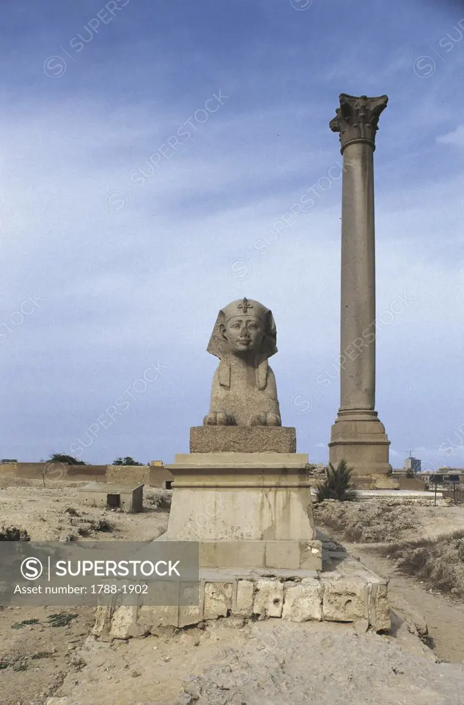 Egypt - Alexandria. Ptolemaic Serapeum. Pompey's Pillar and granite sphinx