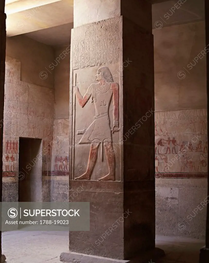 Egypt,Saqqara, Necropolis. Mastaba of Mereruka, pillared room, pillar with painted relief of the deceased