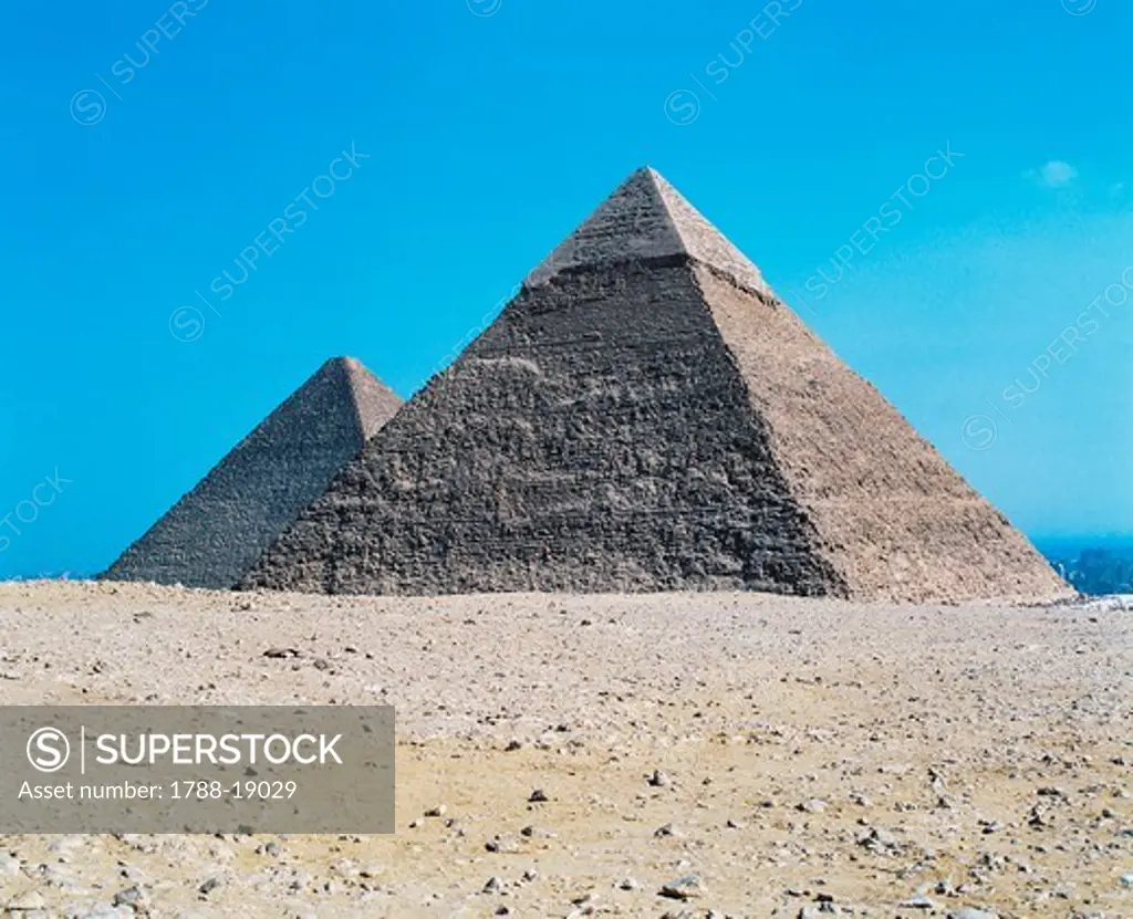 Egypt, Giza, Giza Pyramids, Pyramid of Chephren and Kheops Pyramid in the background