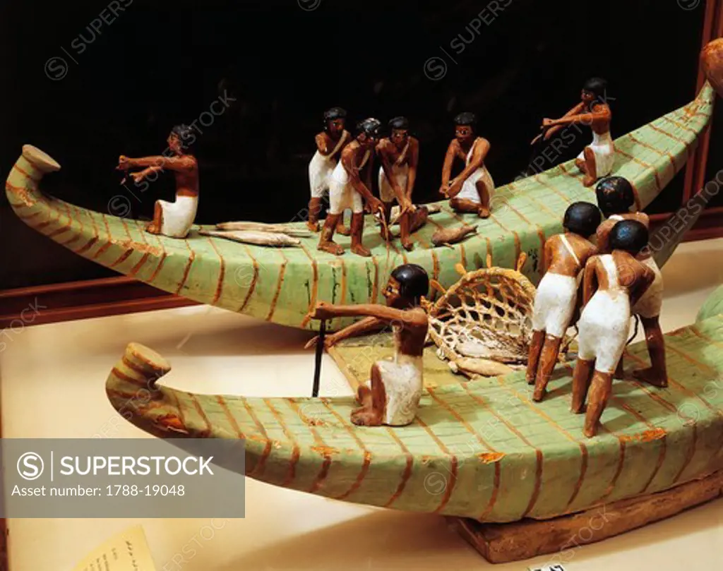 Wooden model of fishing boats and net, detail