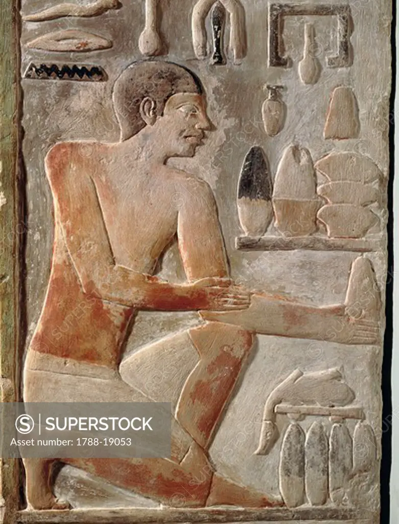 False door stele of Mery, Chief scribe of Saqqara royal archives. Detail: offering scene