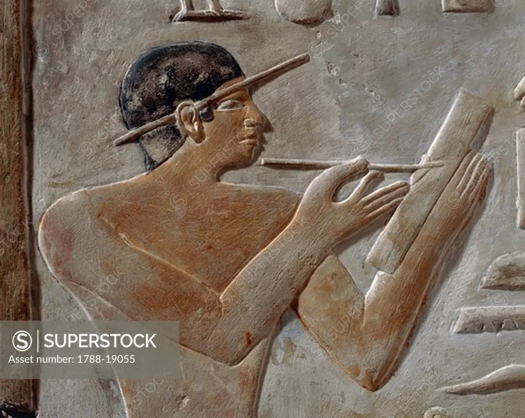 False door stele of Mery, Chief scribe of Saqqara royal archives. Detail: Mery as scribe
