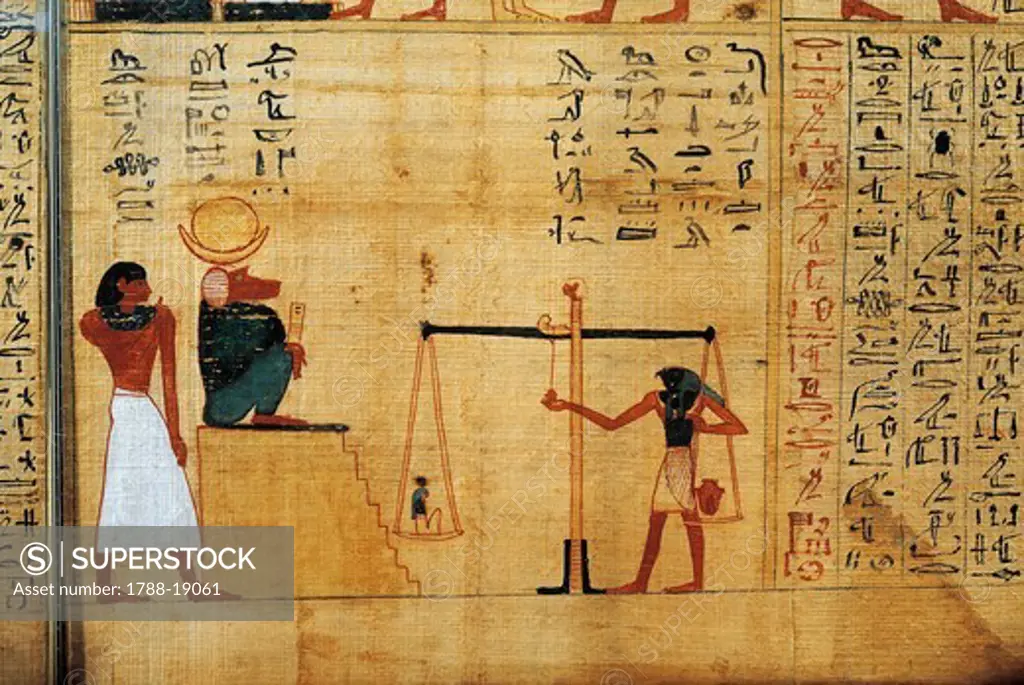 Mythological papyrus of Imenemsauf, Chief bearer of Amon. Detail: weighing of the soul before baboon god Thoth