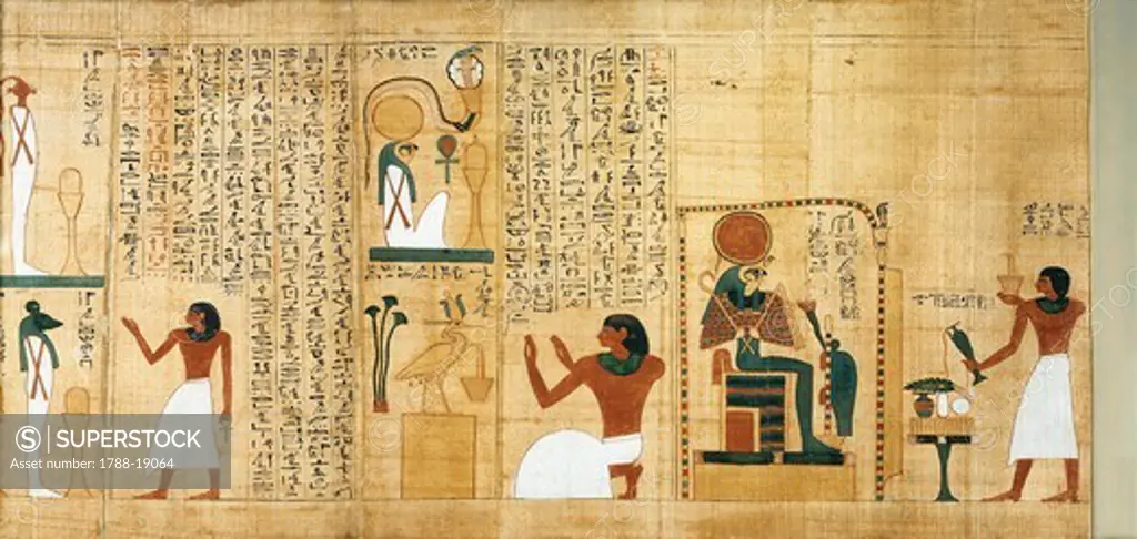 Mythological papyrus of Imenemsauf, Chief bearer of Amon. Detail: incensation and libations in honor of Ra-Harakhti