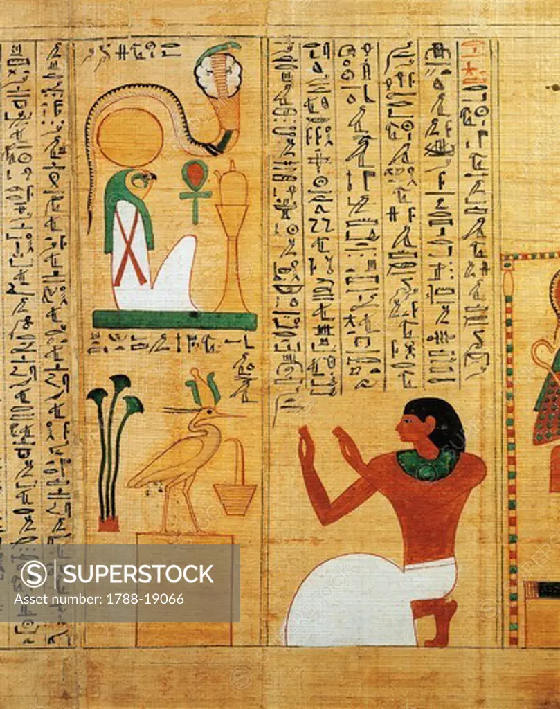 Mythological papyrus of Imenemsauf, Chief bearer of Amon. Detail: hymn to the sun Ra as a bird