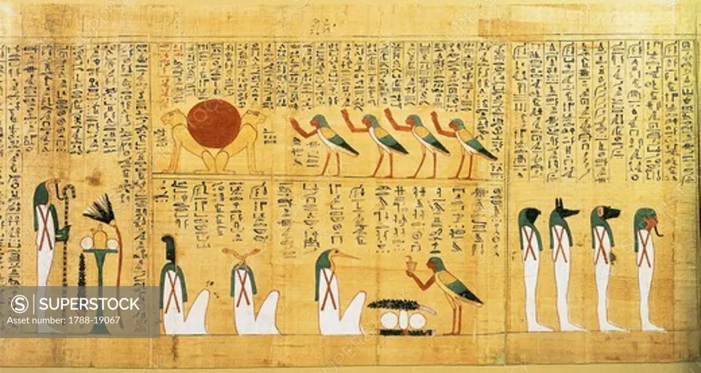 Mythological papyrus of Imenemsauf, Chief bearer of Amon. Detail: hymn to the sun depicted as two lions