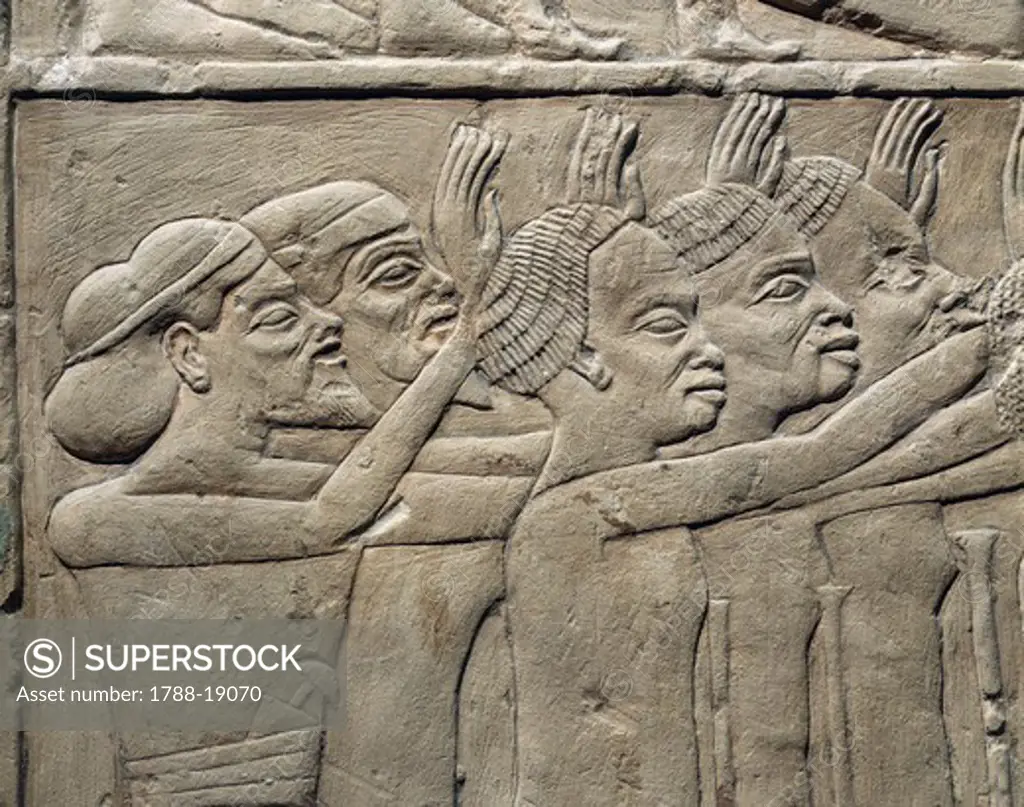 Relief depicting foreign princes paying homage to Tutankhamen. Relief. From the tomb of Haremhab, Egypt, Saqqara
