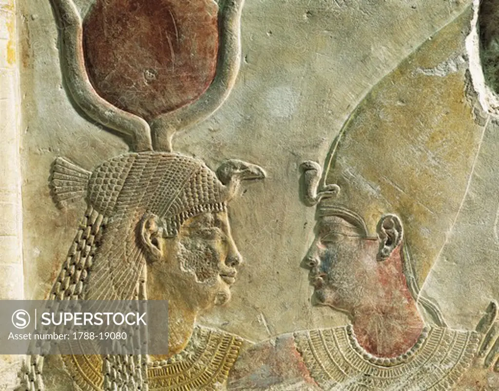 King Nectanebo II (360-343 BC) welcomed by goddess Isis, painted limestone relief, from Serapeum at Saqqara, detail