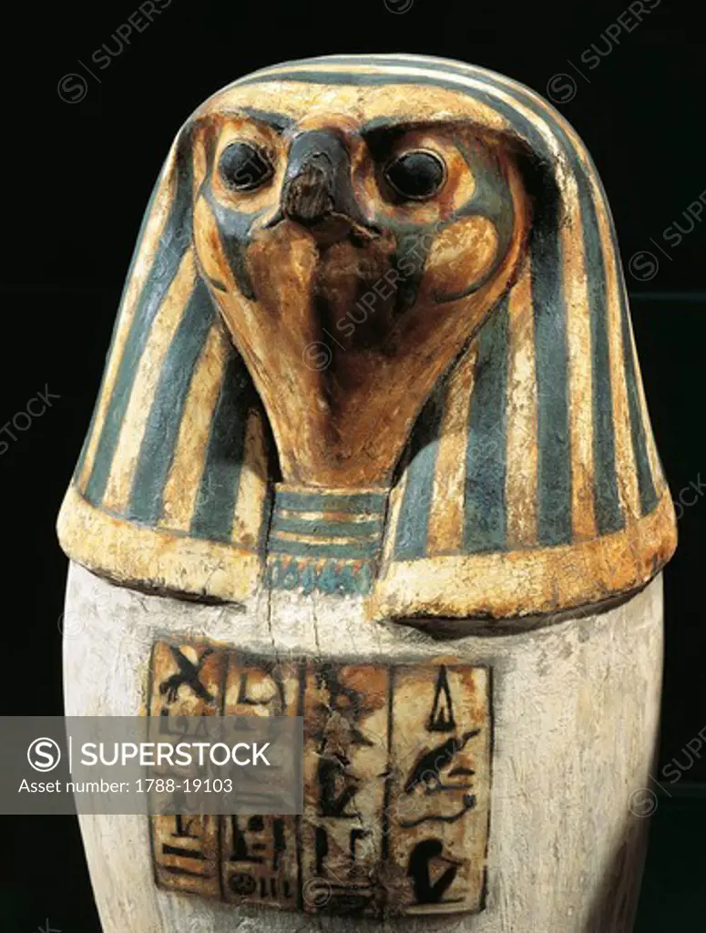 Canopic vase of Padiuf, priest of Amon, Qebehsenuef in form of falcon, painted wood