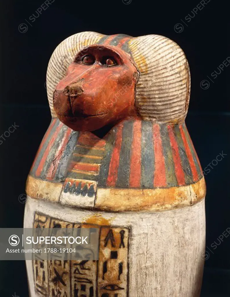 Canopic vase of Padiuf, priest of Amon (1069-664 BC) Hapi in baboon form, painted wood