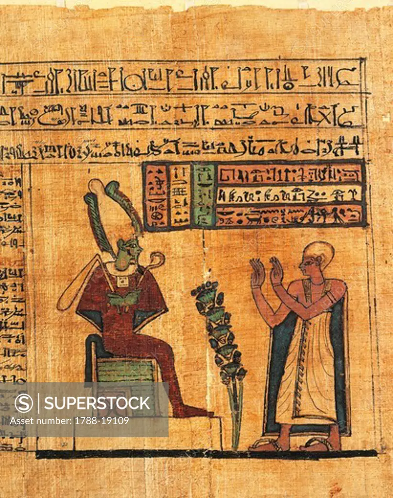 Papyrus from the First Book of Breathing of Ousirour, at the bottom, the deceased before Osiris