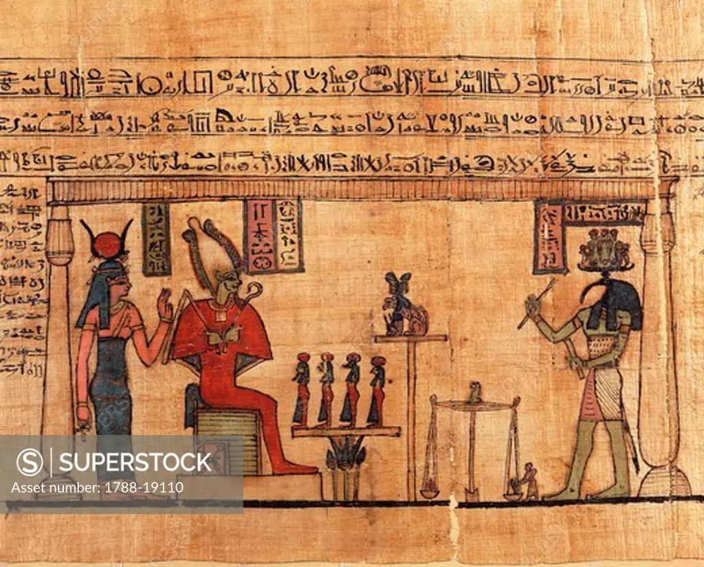 Papyrus from the First Book of Breathing of Ousirour, Thoth weighing soul of Ousirour before Isis and Osiris