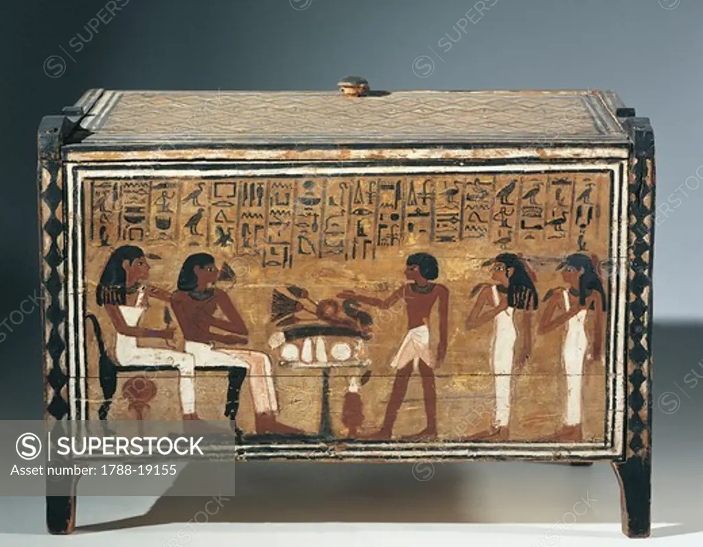 Kingdom of Amenhotep III - Painted wood laundry box which belonged to Perpaut, from Thebes