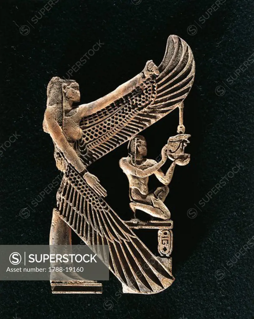 Decorative wooden component: goddess Isis protecting a king who is offering the ""neb"" sign, the cartouche shows the name of Pharaoh Sehibra